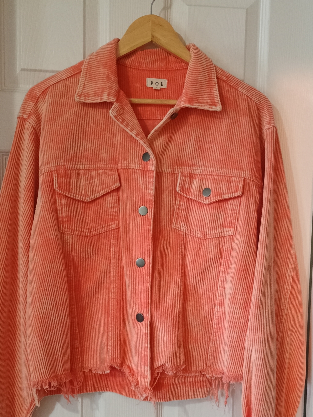 POL  Coral Orange Acid Wash Corduroy Raw Frayed Hem Shacket Jacket Large EUC